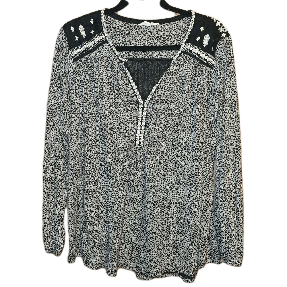 Lucky Brand Peplum Top 3X‎ GUC Boho Casual Black White Long Sleeve ✨